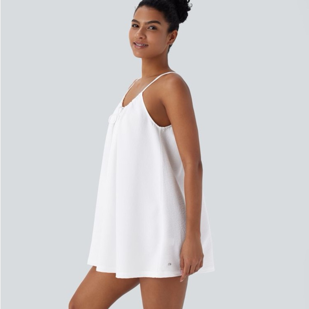 HALARA White Spaghetti Strap Mini Dress with Keyhole Tie - Picture 3 of 6
